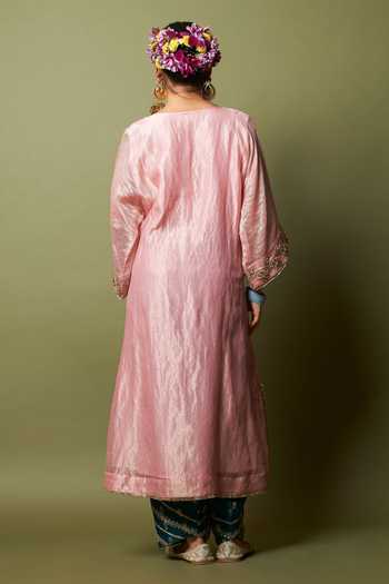 Shop_Pants And Pajamas_Pink Chanderi, Silk Embroidery, Zari V-neck Rosika Kaftan And Pant Set _at_Aza_Fashions