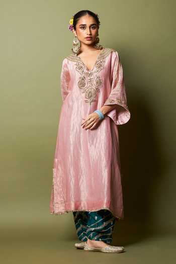 Pants And Pajamas_Pink Chanderi, Silk Embroidery, Zari V-neck Rosika Kaftan And Pant Set _Online_at_Aza_Fashions