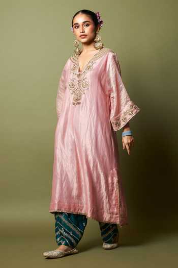 Buy_Pants And Pajamas_Pink Chanderi, Silk Embroidery, Zari V-neck Rosika Kaftan And Pant Set _Online_at_Aza_Fashions