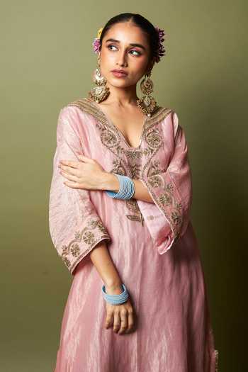 Shop_Pants And Pajamas_Pink Chanderi, Silk Embroidery, Zari V-neck Rosika Kaftan And Pant Set _Online_at_Aza_Fashions