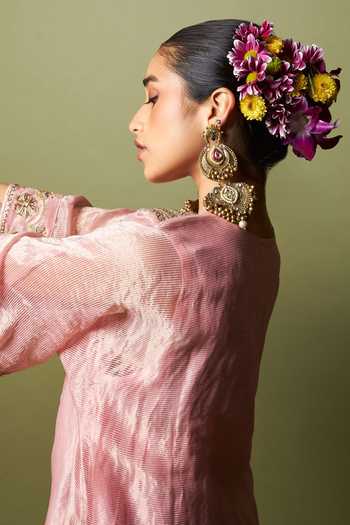 Pants And Pajamas_Pink Chanderi, Silk Embroidery, Zari V-neck Rosika Kaftan And Pant Set _at_Aza_Fashions