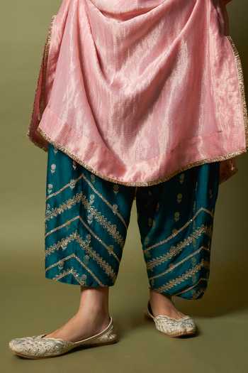 Shop_Pants And Pajamas_Pink Chanderi, Silk Embroidery, Zari V-neck Rosika Kaftan And Pant Set 