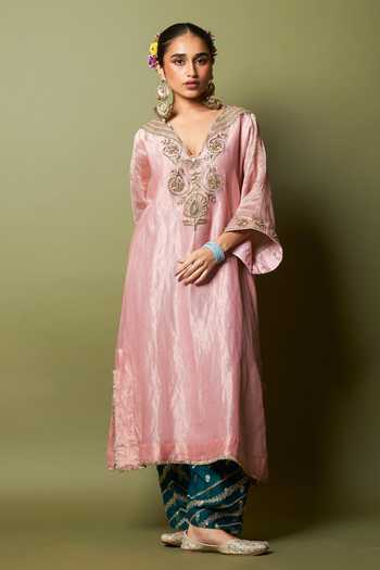 Buy_Pants And Pajamas_Green Silk, Chanderi Embroidery, Zari Rosika Salwar _Online_at_Aza_Fashions