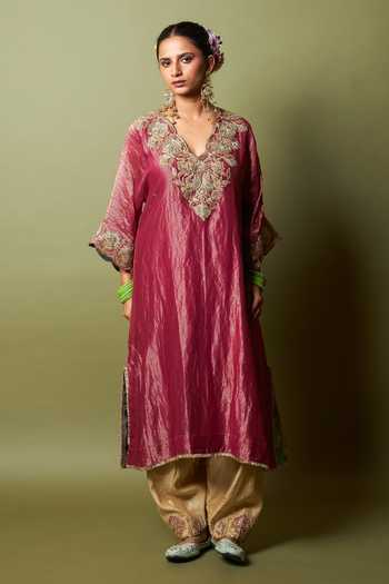 Buy_Pants And Pajamas_Wine Silk, Chanderi Embroidery, Zari V-neck Gulnaar Kaftan And Pant Set _at_Aza_Fashions