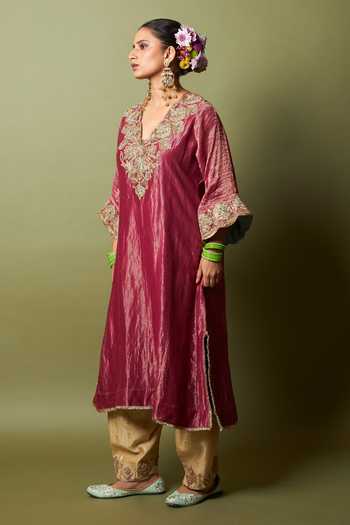 Pants And Pajamas_Wine Silk, Chanderi Embroidery, Zari V-neck Gulnaar Kaftan And Pant Set _Online_at_Aza_Fashions