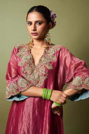 Buy_Pants And Pajamas_Wine Silk, Chanderi Embroidery, Zari V-neck Gulnaar Kaftan And Pant Set _Online_at_Aza_Fashions