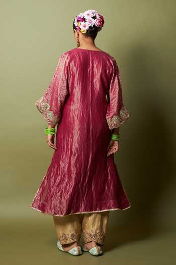 Shop_Pants And Pajamas_Wine Silk, Chanderi Embroidery, Zari V-neck Gulnaar Kaftan And Pant Set _at_Aza_Fashions