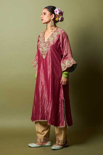Buy_Pants And Pajamas_Wine Chanderi Zari V-neck Gulnaar Embroidered Kaftan _at_Aza_Fashions