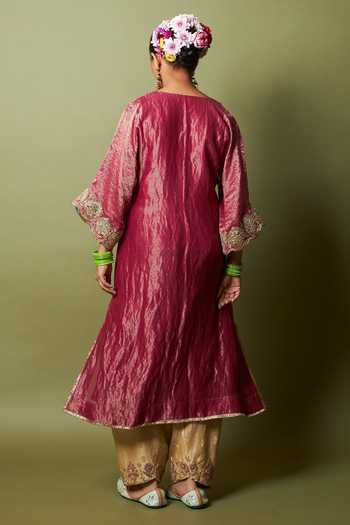 Shop_Pants And Pajamas_Wine Chanderi Zari V-neck Gulnaar Embroidered Kaftan _at_Aza_Fashions