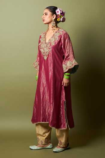 Buy_Pants And Pajamas_Cream Silk, Chanderi Embroidery Gulnaar Salwar _at_Aza_Fashions