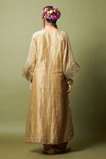 Shop_Pants And Pajamas_Cream Chanderi, Silk Zari, Embroidery V-neck Mehtab Noor Kaftan And Pant Set _at_Aza_Fashions