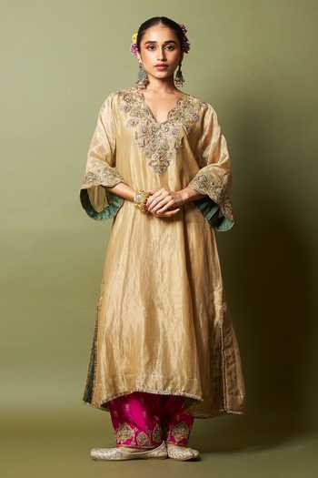 Buy_Pants And Pajamas_Cream Chanderi, Silk Zari, Embroidery V-neck Mehtab Noor Kaftan And Pant Set _at_Aza_Fashions