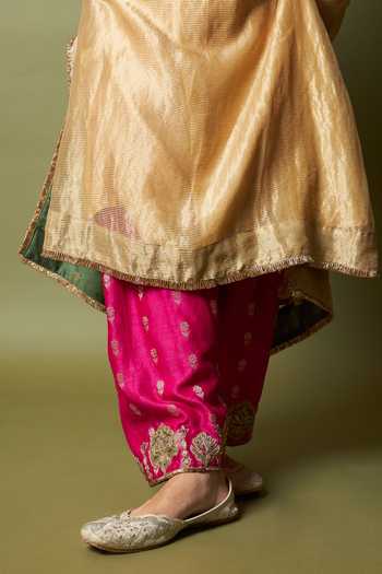 Pants And Pajamas_Cream Chanderi, Silk Zari, Embroidery V-neck Mehtab Noor Kaftan And Pant Set _at_Aza_Fashions