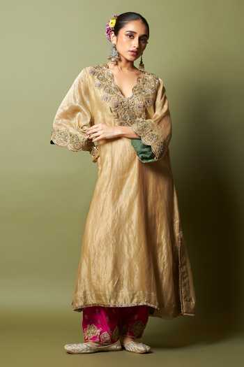 Buy_Pants And Pajamas_Pink Silk, Cotton, Chanderi Embroidery, Zari Mehtab Noor Salwar _at_Aza_Fashions