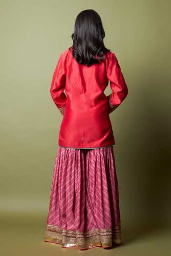 Shop_Pants And Pajamas_Red Silk, Chanderi, Modal Embroidery, Zari, Lace Notched Lal Noorani Kurta Set _at_Aza_Fashions