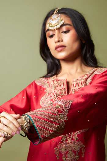 Pants And Pajamas_Red Silk, Chanderi, Modal Embroidery, Zari, Lace Notched Lal Noorani Kurta Set _Online_at_Aza_Fashions