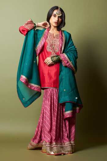 Buy_Pants And Pajamas_Red Silk, Chanderi, Modal Embroidery, Zari, Lace Notched Lal Noorani Kurta Set _at_Aza_Fashions