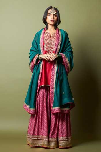 Shop_Pants And Pajamas_Red Silk, Chanderi, Modal Embroidery, Zari, Lace Notched Lal Noorani Kurta Set _Online_at_Aza_Fashions
