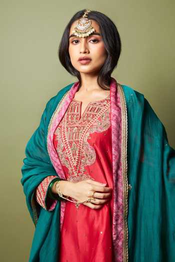 Pants And Pajamas_Red Silk, Chanderi, Modal Embroidery, Zari, Lace Notched Lal Noorani Kurta Set _at_Aza_Fashions