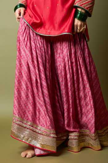 Buy_Pants And Pajamas_Red Silk, Chanderi, Modal Embroidery, Zari, Lace Notched Lal Noorani Kurta Set 