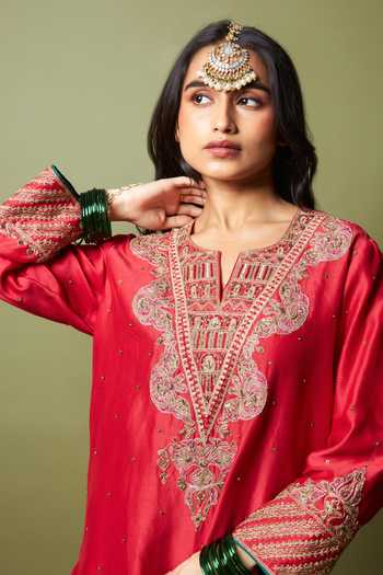 Shop_Pants And Pajamas_Red Silk, Chanderi, Modal Embroidery, Zari, Lace Notched Lal Noorani Kurta Set 
