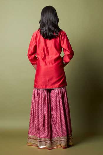 Shop_Pants And Pajamas_Red Silk, Chanderi, Modal Embroidery, Zari Lal Noorani Kurta And Sharara Set _at_Aza_Fashions