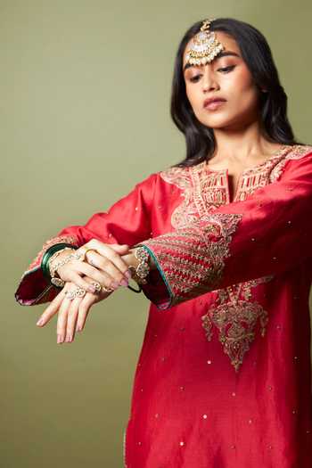Pants And Pajamas_Red Silk, Chanderi, Modal Embroidery, Zari Lal Noorani Kurta And Sharara Set _Online_at_Aza_Fashions