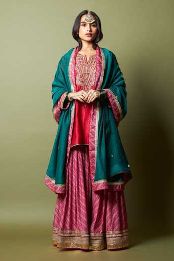 Buy_Pants And Pajamas_Red Silk, Chanderi, Modal Embroidery, Zari Lal Noorani Kurta And Sharara Set _at_Aza_Fashions