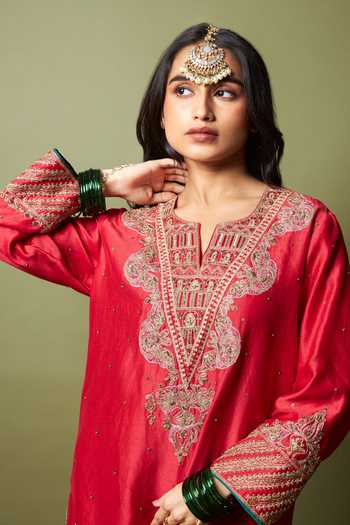 Buy_Pants And Pajamas_Red Silk, Chanderi, Modal Embroidery, Zari Lal Noorani Kurta And Sharara Set _Online_at_Aza_Fashions