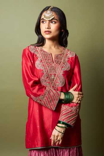 Shop_Pants And Pajamas_Red Silk, Chanderi, Modal Embroidery, Zari Lal Noorani Kurta And Sharara Set _Online_at_Aza_Fashions