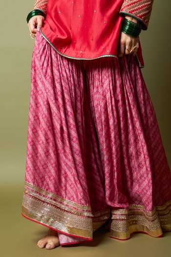 Pants And Pajamas_Red Silk, Chanderi, Modal Embroidery, Zari Lal Noorani Kurta And Sharara Set _at_Aza_Fashions