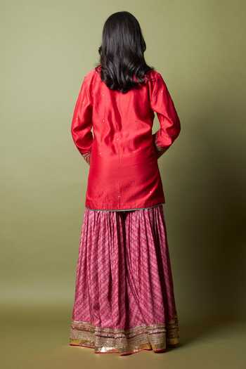 Shop_Pants And Pajamas_Red Silk, Chanderi Embroidery, Zari Notched Neck Lal Noorani Kurta _at_Aza_Fashions