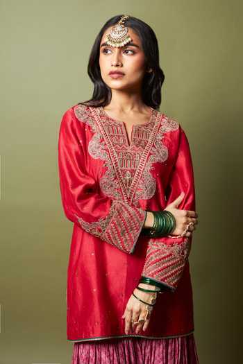 Buy_Pants And Pajamas_Red Silk, Chanderi Embroidery, Zari Notched Neck Lal Noorani Kurta _at_Aza_Fashions