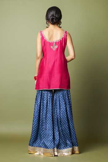 Shop_Pants And Pajamas_Wine Silk, Modal, Chanderi Embroidery, Zari, Lace Round Neel Kiran Kurta Set _at_Aza_Fashions