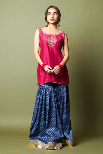 Pants And Pajamas_Wine Silk, Modal, Chanderi Embroidery, Zari, Lace Round Neel Kiran Kurta Set _Online_at_Aza_Fashions