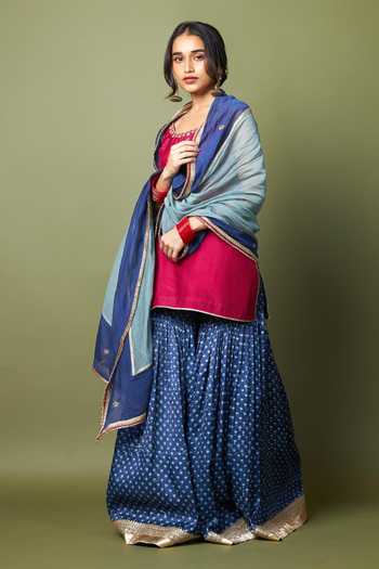 Shop_Pants And Pajamas_Wine Silk, Modal, Chanderi Embroidery, Zari, Lace Round Neel Kiran Kurta Set _Online_at_Aza_Fashions