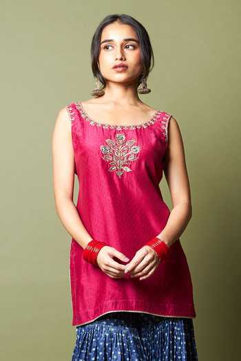Pants And Pajamas_Wine Silk, Modal Zari, Embroidery Round Neck Neel Kiran Kurta And Sharara Set _Online_at_Aza_Fashions