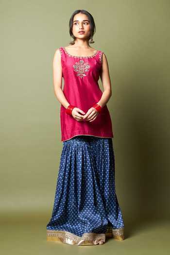 Buy_Pants And Pajamas_Wine Silk, Modal Zari, Embroidery Round Neck Neel Kiran Kurta And Sharara Set _at_Aza_Fashions