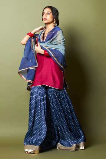 Pants And Pajamas_Wine Silk, Modal Zari, Embroidery Round Neck Neel Kiran Kurta And Sharara Set _at_Aza_Fashions