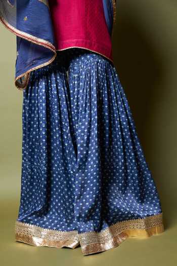 Buy_Pants And Pajamas_Wine Silk, Modal Zari, Embroidery Round Neck Neel Kiran Kurta And Sharara Set 