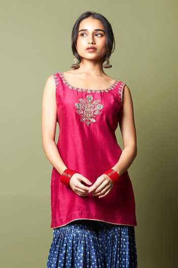 Buy_Pants And Pajamas_Wine Silk, Modal Embroidery, Zari Round Neck Neel Kiran Kurta _at_Aza_Fashions