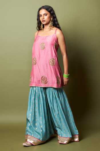 Pants And Pajamas_Pink Silk, Modal, Chanderi Embroidery, Zari Square Neck Firozi Gulab Kurta Set _Online_at_Aza_Fashions