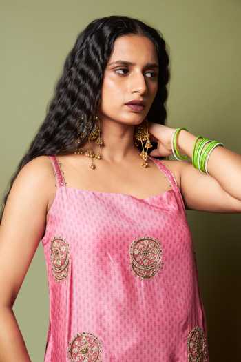 Buy_Pants And Pajamas_Pink Silk, Modal, Chanderi Embroidery, Zari Square Neck Firozi Gulab Kurta Set _Online_at_Aza_Fashions
