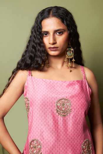 Shop_Pants And Pajamas_Pink Silk, Modal, Chanderi Embroidery, Zari Square Neck Firozi Gulab Kurta Set _Online_at_Aza_Fashions