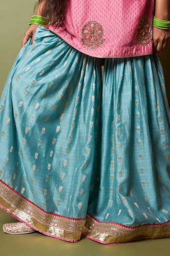 Pants And Pajamas_Pink Silk, Modal, Chanderi Embroidery, Zari Square Neck Firozi Gulab Kurta Set _at_Aza_Fashions