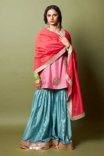 Buy_Pants And Pajamas_Pink Silk, Modal, Chanderi Embroidery, Zari Square Neck Firozi Gulab Kurta Set _at_Aza_Fashions