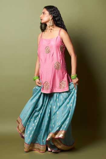 Buy_Pants And Pajamas_Pink Silk, Modal, Chanderi Embroidery, Zari Square Neck Firozi Gulab Kurta Set 