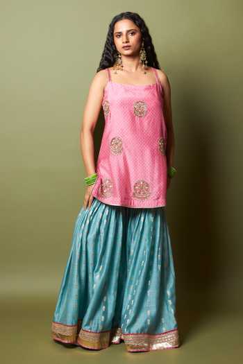 Shop_Pants And Pajamas_Pink Silk, Modal, Chanderi Embroidery, Zari Square Neck Firozi Gulab Kurta Set 