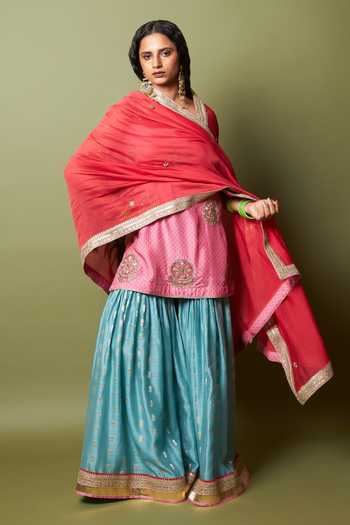 Pants And Pajamas_Pink Silk, Modal, Chanderi Embroidery, Zari Square Neck Firozi Gulab Kurta Set _Online