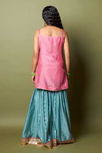 Shop_Pants And Pajamas_Pink Silk, Modal, Chanderi Embroidery, Lace Firozi Gulab Kurta And Sharara Set _at_Aza_Fashions